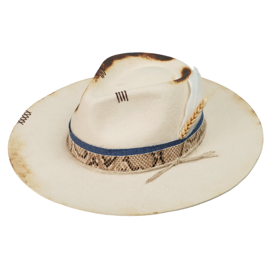 Architectural Felt Hat – Charred Finish, Feathered Wheat