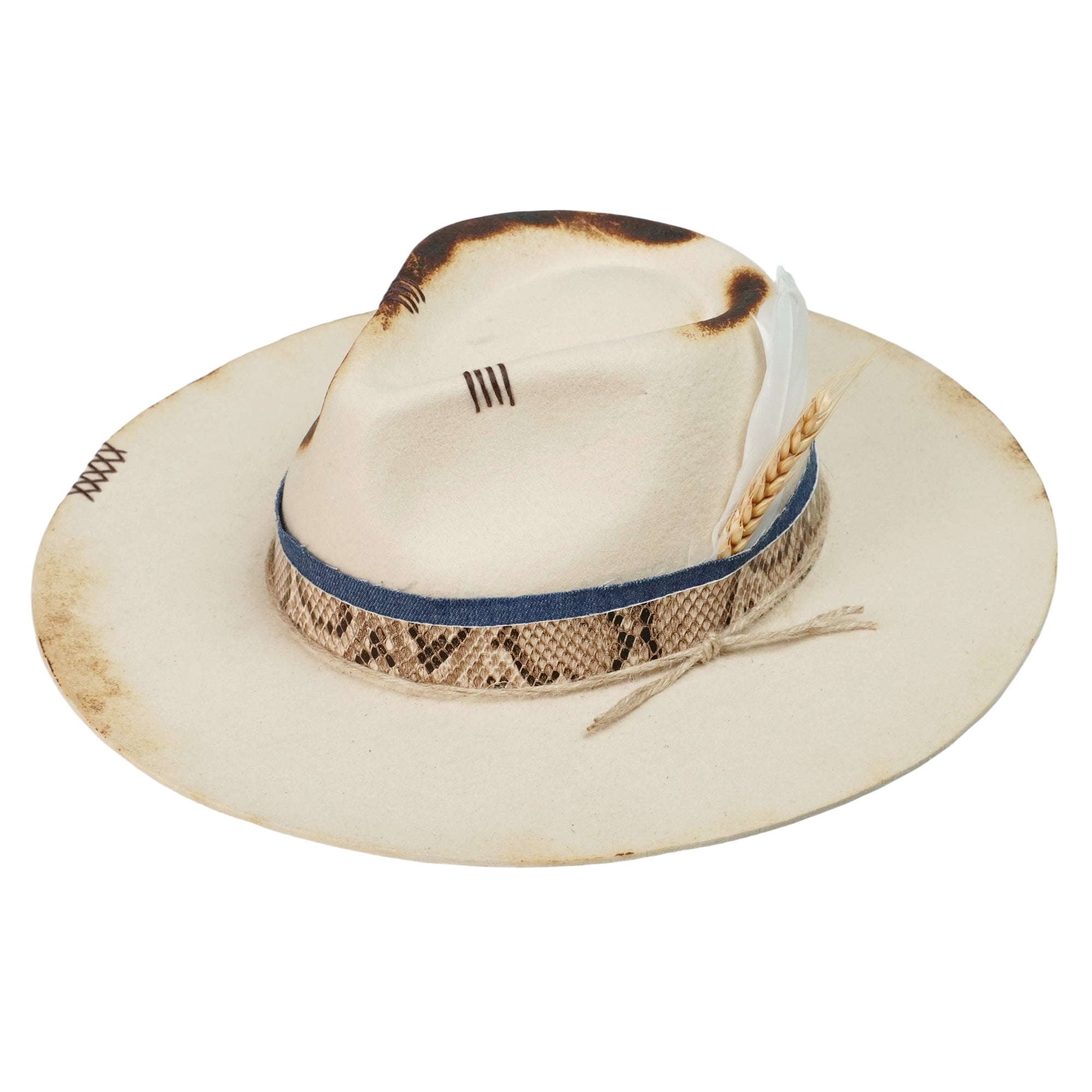 Architectural Felt Hat – Charred Finish, Feathered Wheat