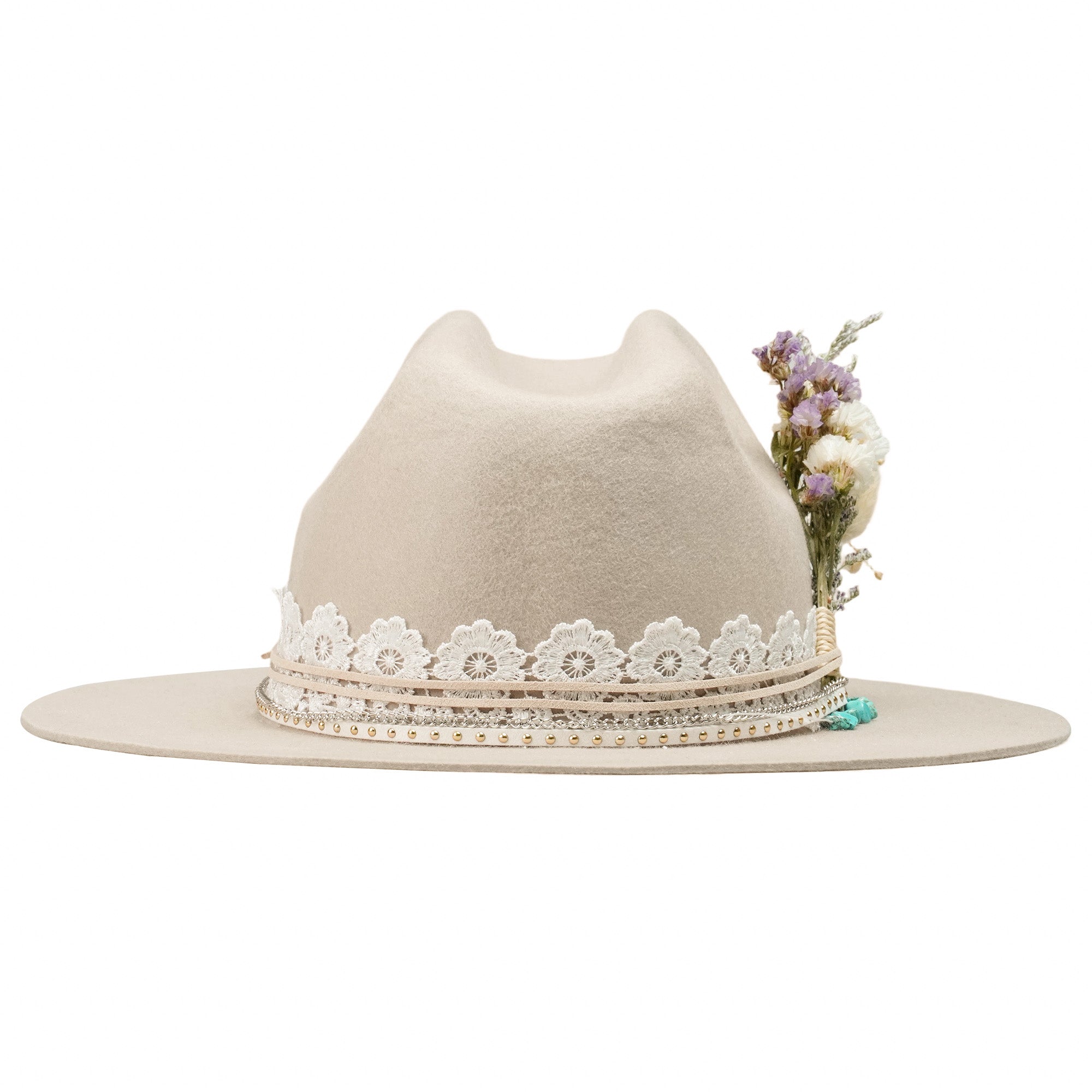 Cream Felt Hat - Turquoise & Lace Western Style