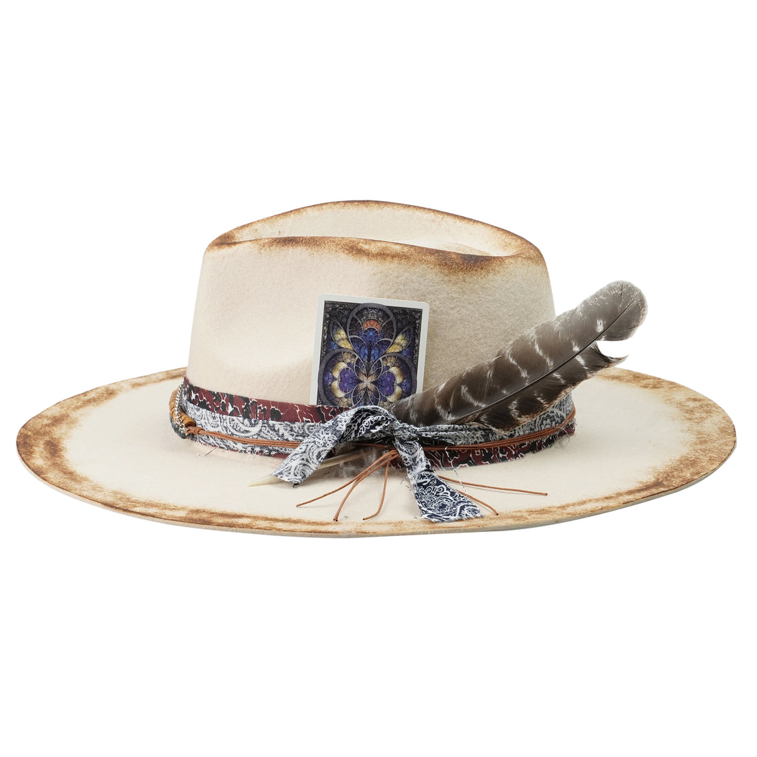 Hand-Burned Statement Felt Hat – Distressed Finish, Custom Fabric Trim
