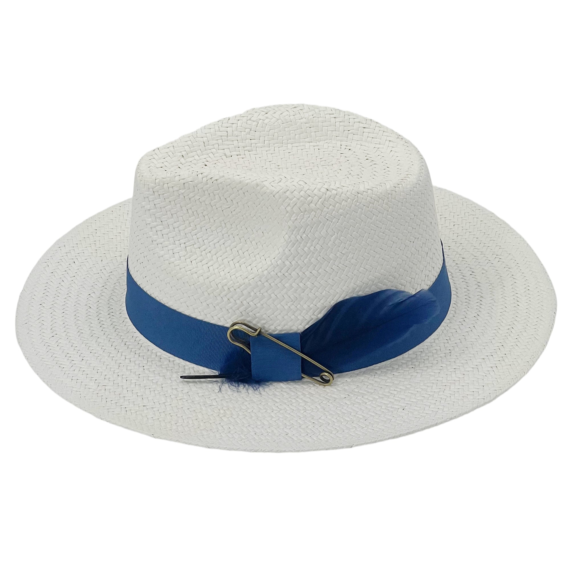 White Straw Hat – Blue Band & Feather Accent