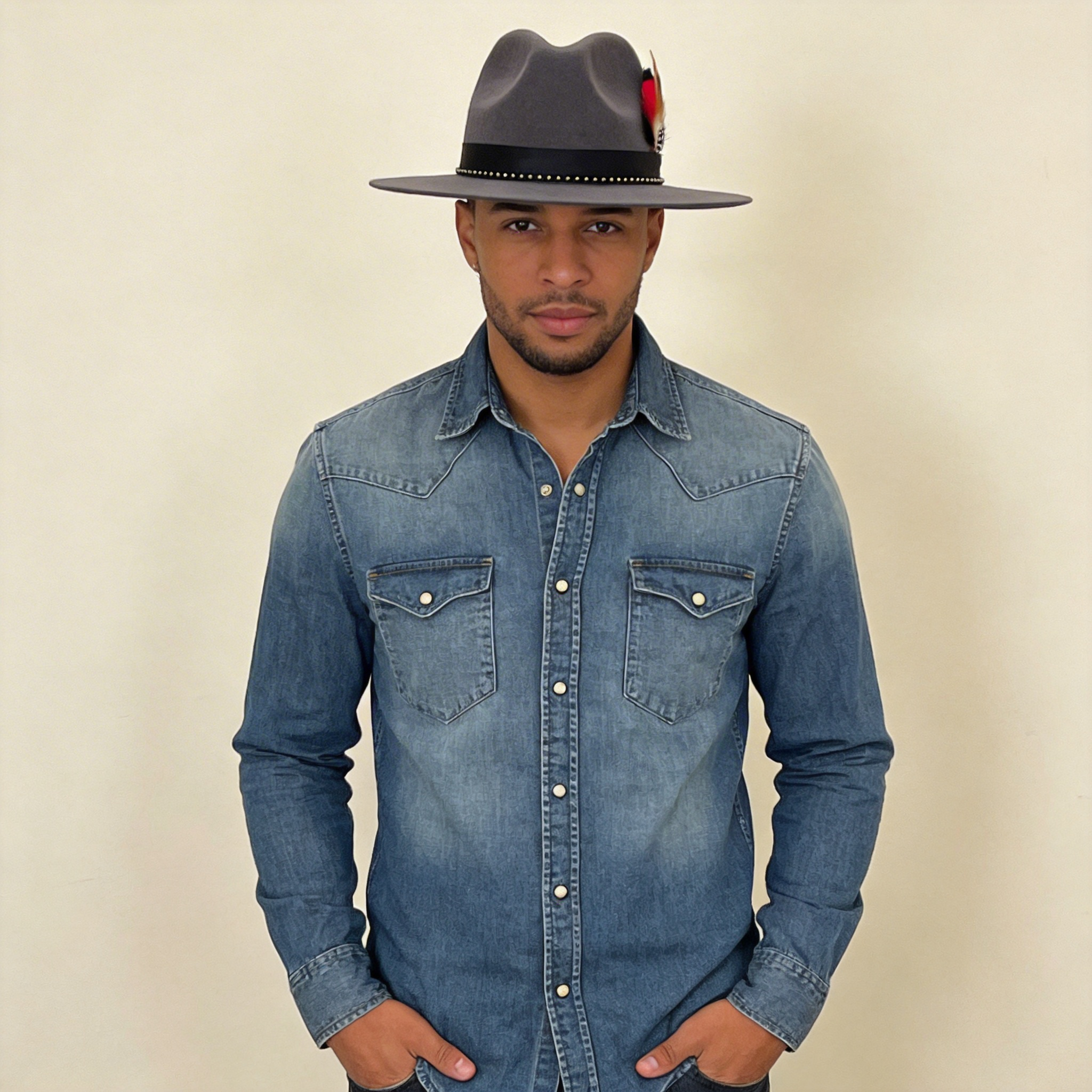 Deep Gray Wide-Brim – Bright Feather Accent