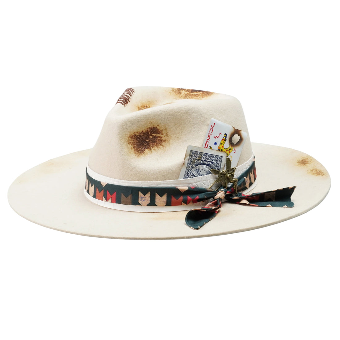 Artistic Felt Hat – Neutral Base, Charred Playing Card Feature
