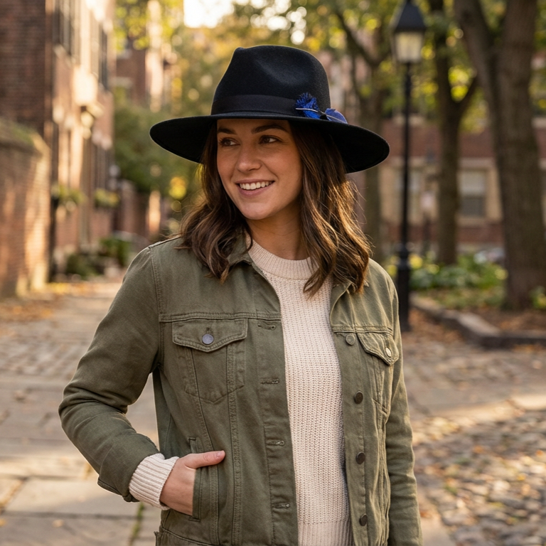 Midnight Black Flat-Brim – Blue Feather Accent