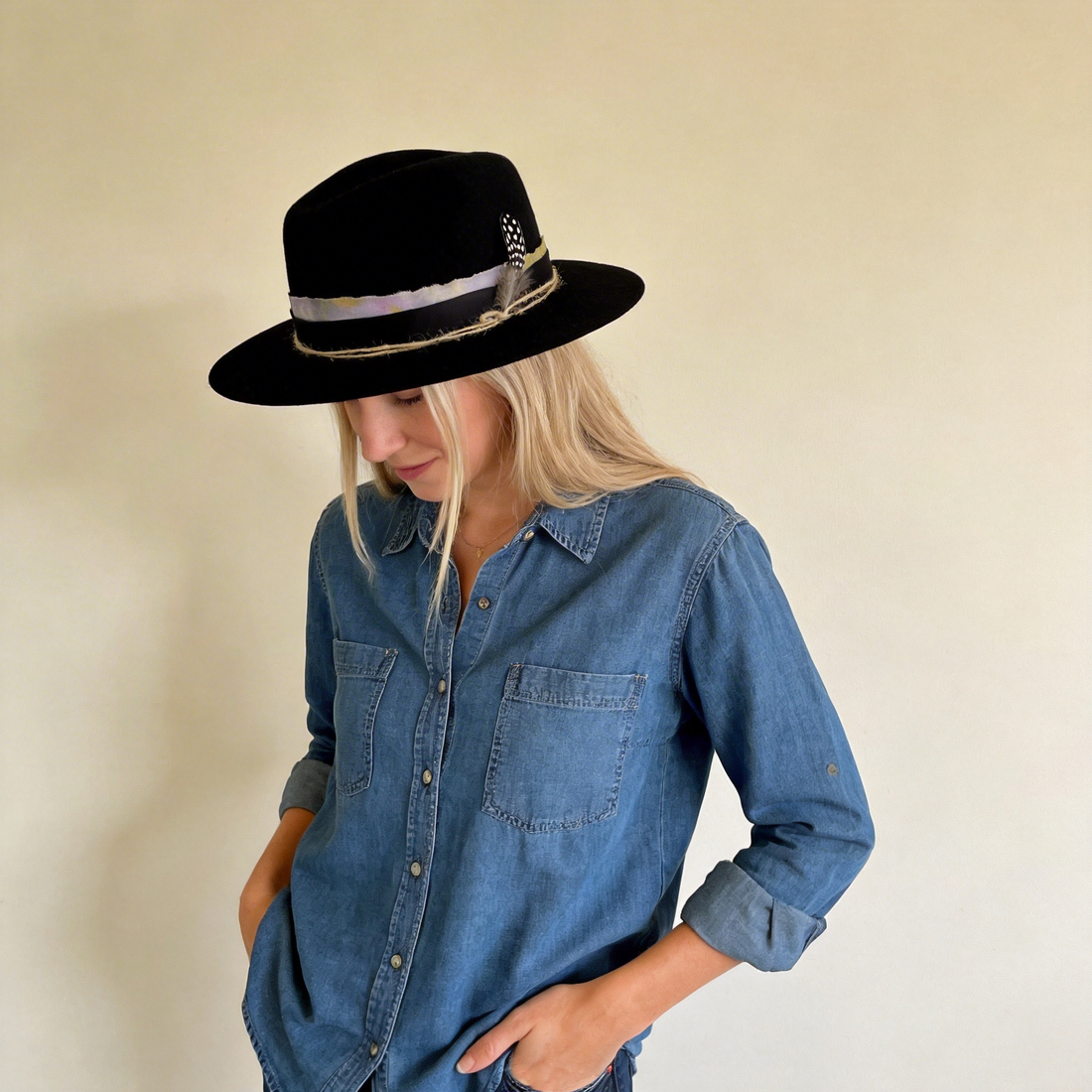 Black Flat-Brim – Purple Tie-Dye & Feather Band