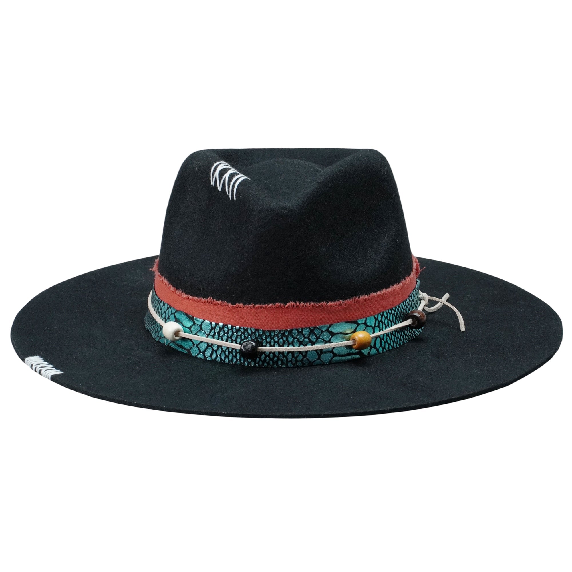 Versatile Felt Hat – Bold Black Style with Decorative Beads and Print