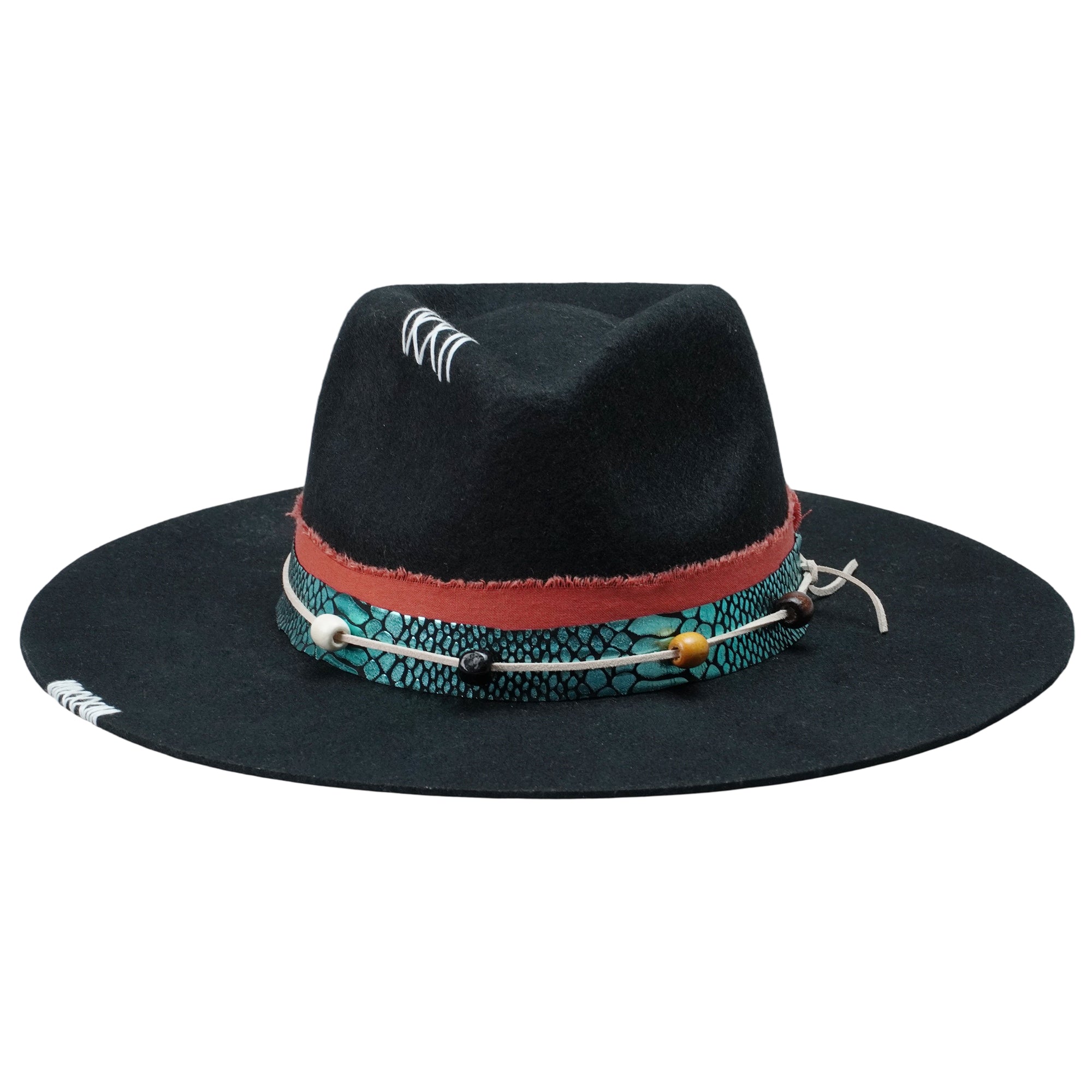 Versatile Felt Hat – Bold Black Style with Decorative Beads and Print