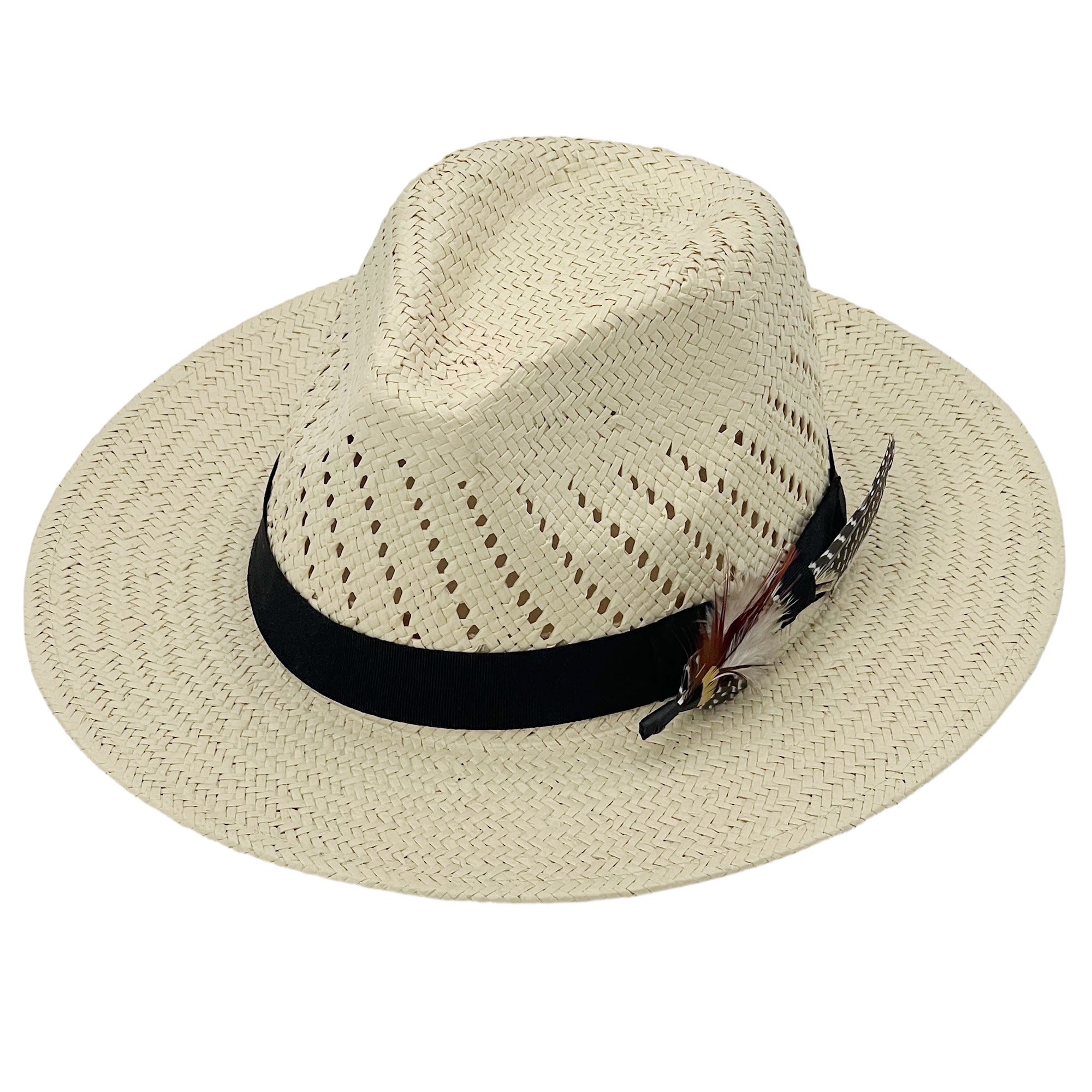 Soft Beige Straw Hat – Feather Accent Band