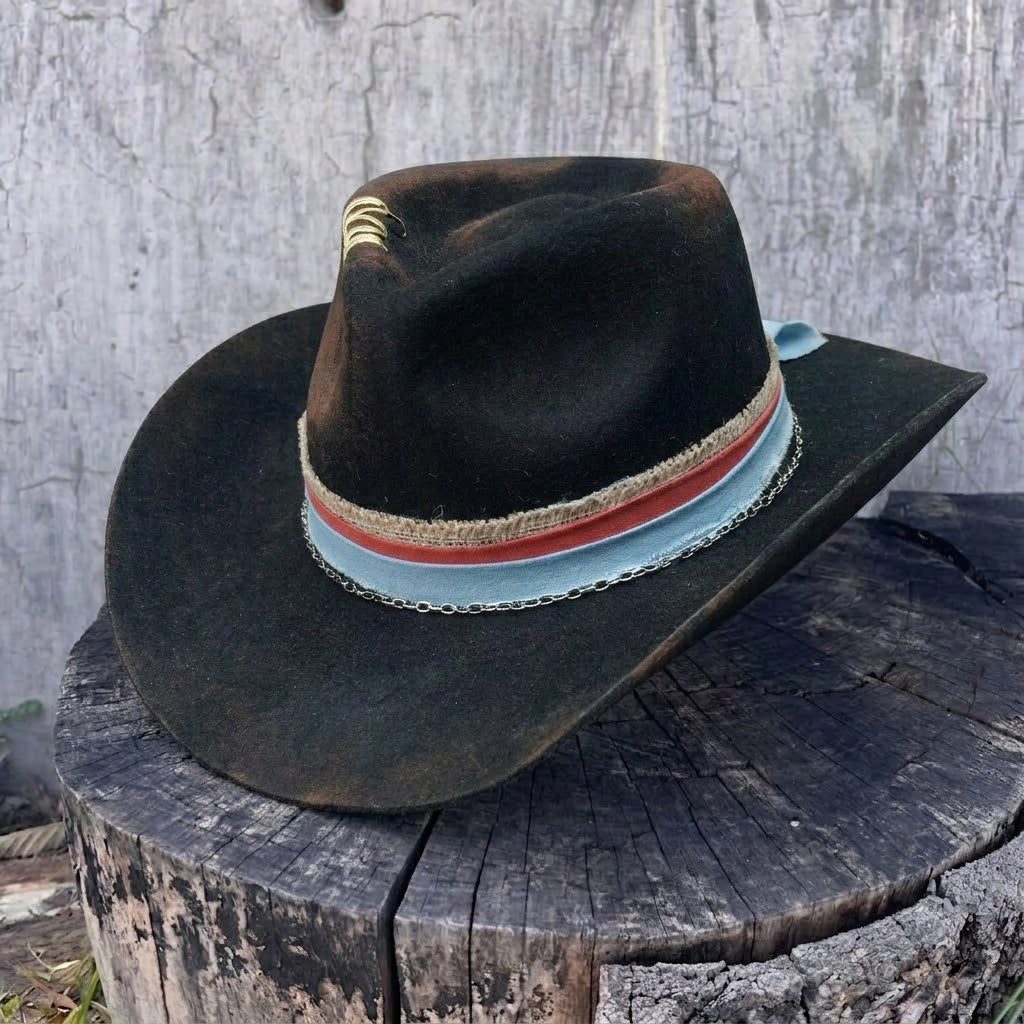 Black Rolled Brim Felt Hat with Silver Chain Band