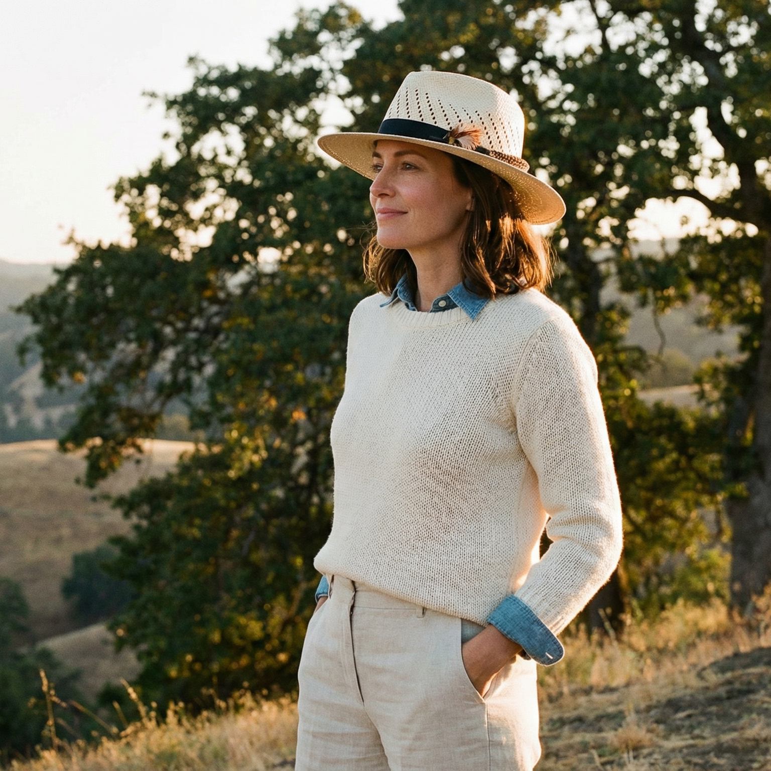 Soft Beige Straw Hat – Feather Accent Band