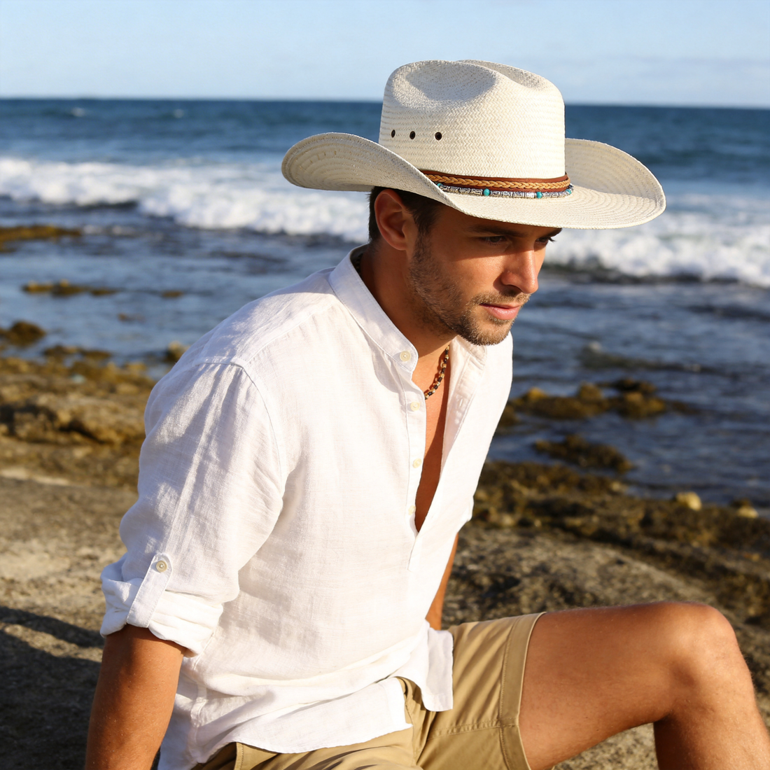 Wide Brim Straw Hat w/ Beaded Woven Band