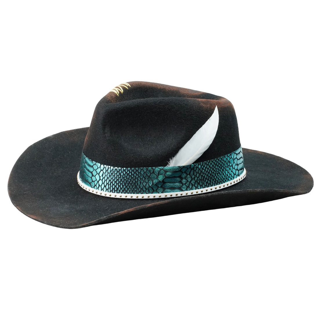 Hand-Burned Artistic Felt Hat – Charred Finish, Glossy Trim