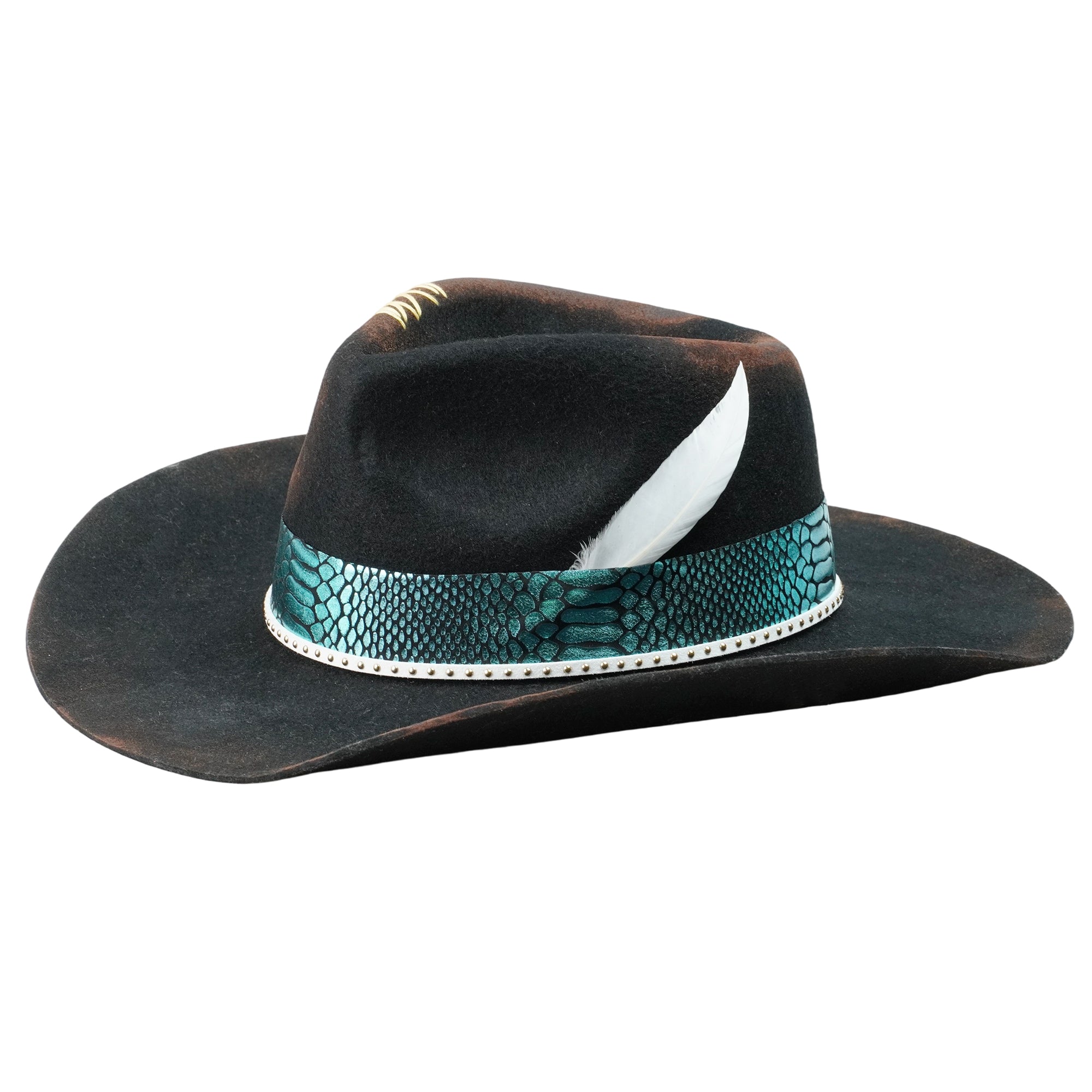 Hand-Burned Artistic Felt Hat – Charred Finish, Glossy Trim