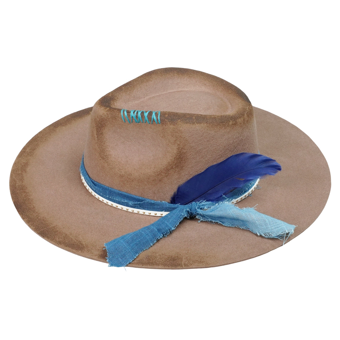 Hand-Burned Camel Felt Hat – Fabric Band, Feather Accent