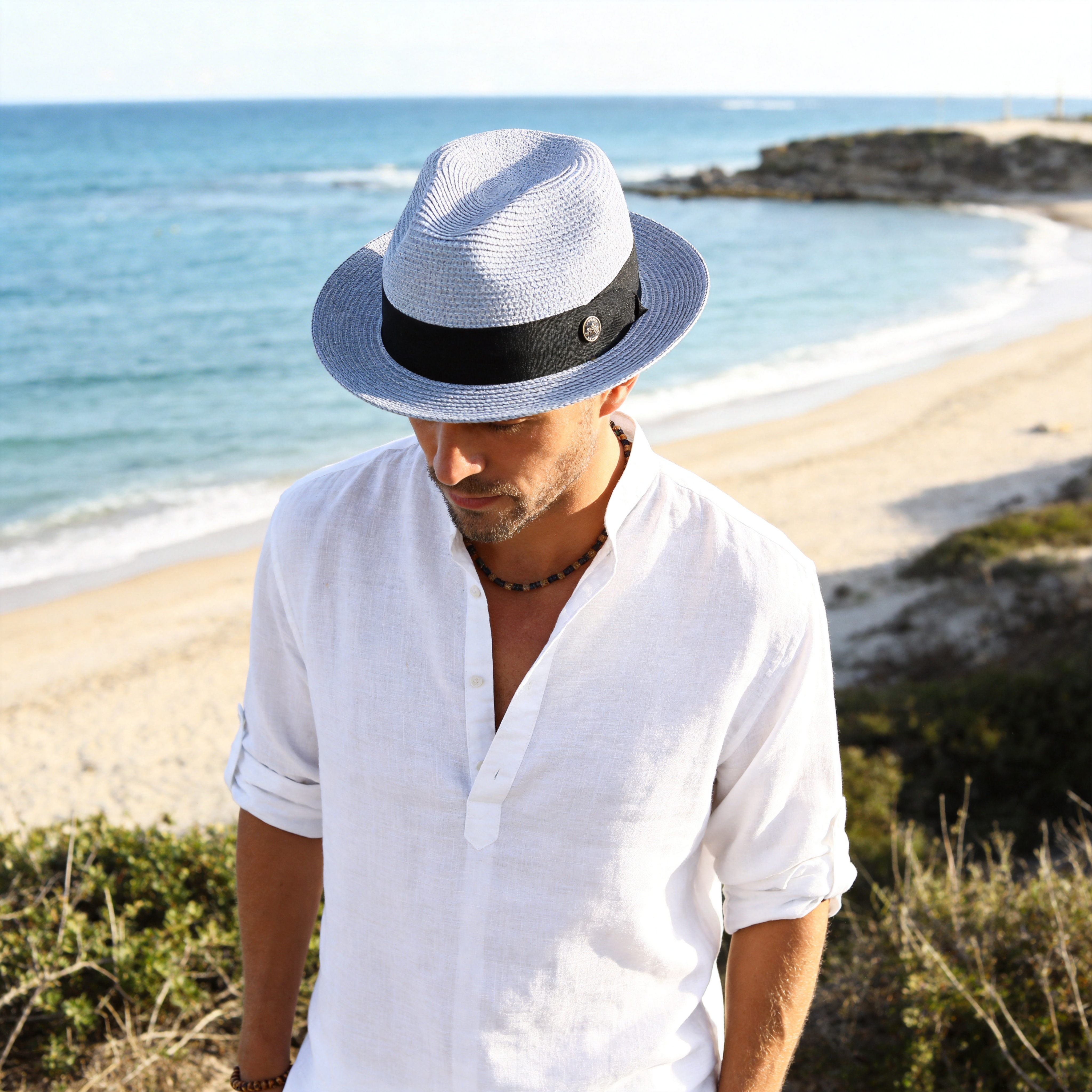 Classic Fedora Straw Hat – Solid Blue Design
