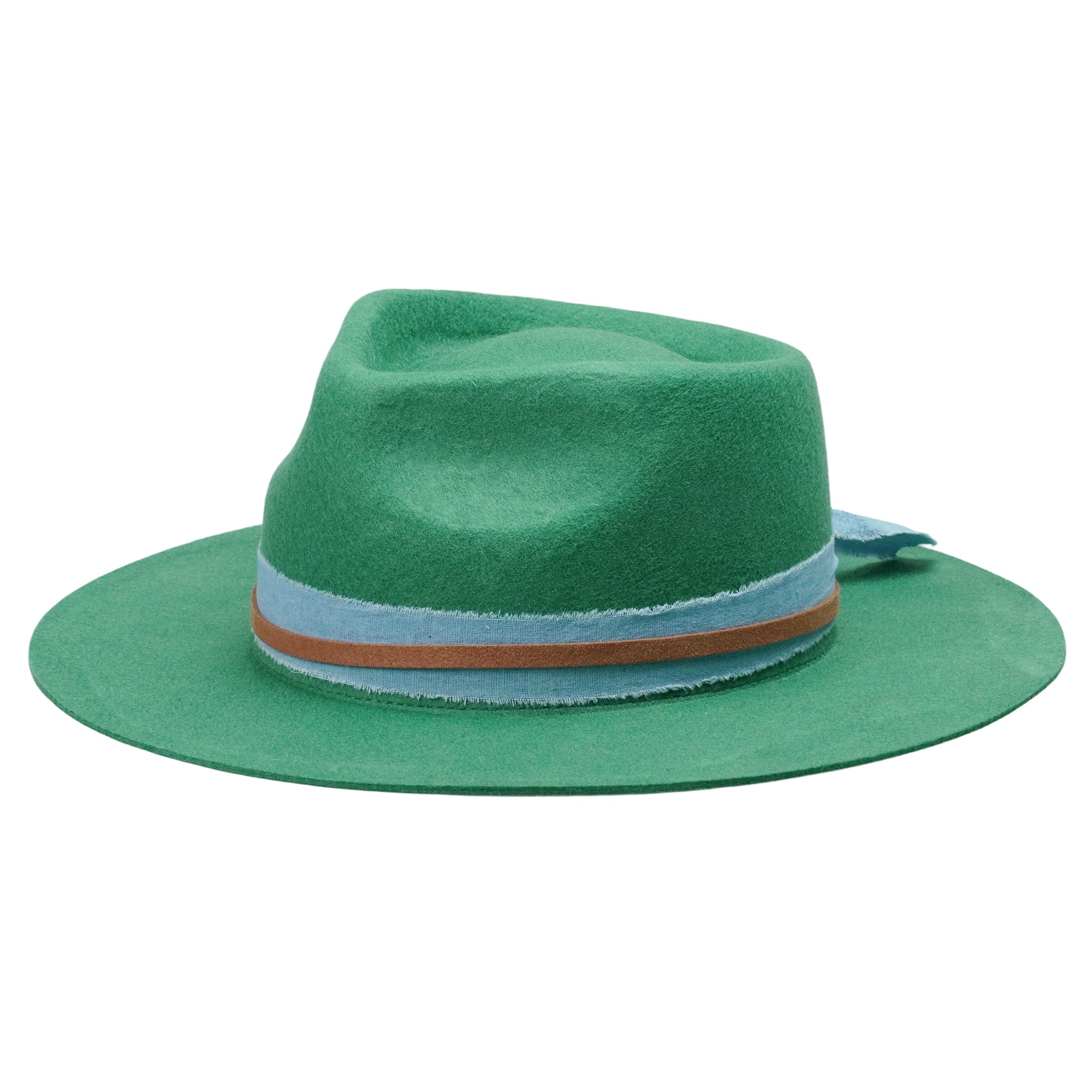 Green Straight Brim Felt Hat with Denim Band