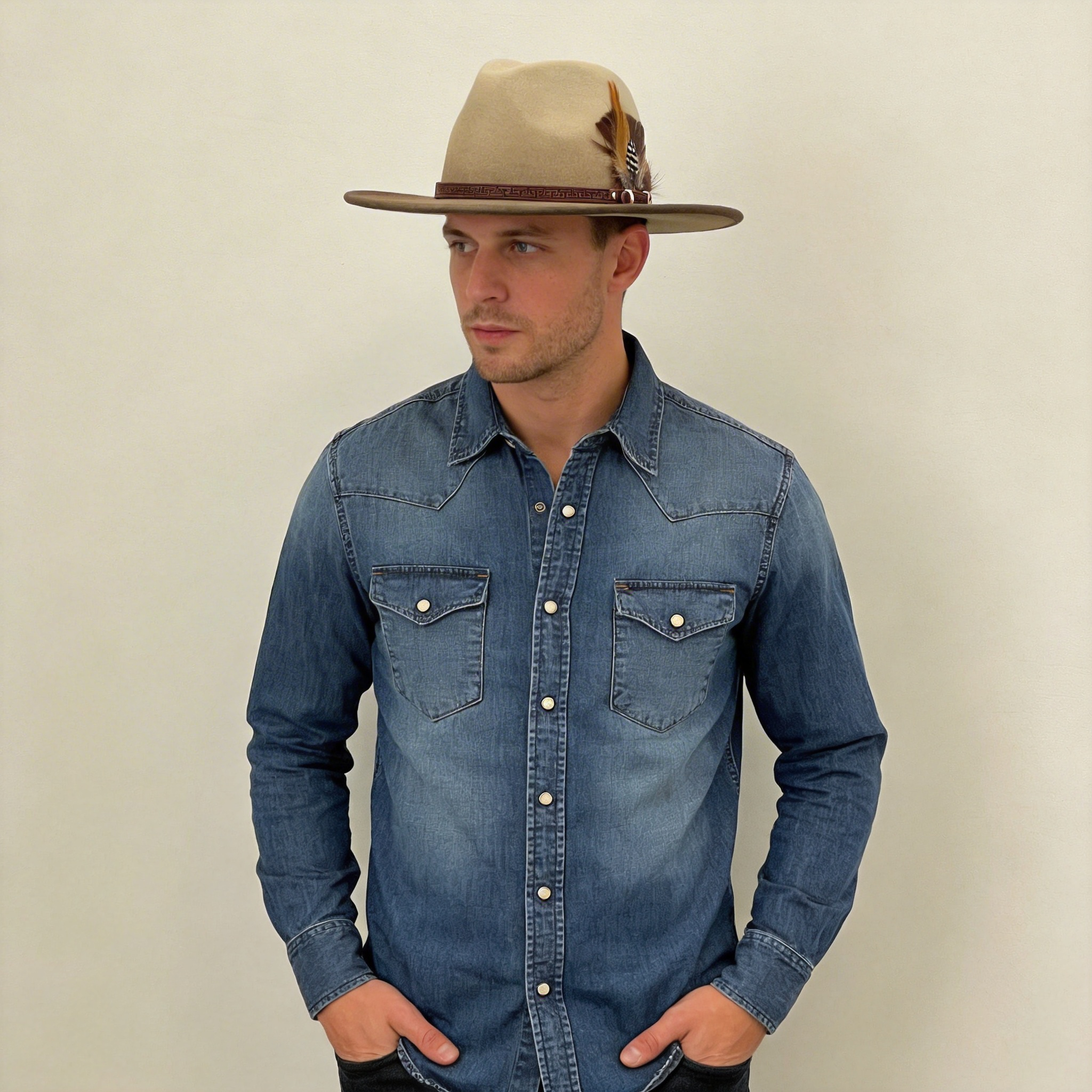 Ombre Beige Flat-Brim – Custom Leather Band & Feather