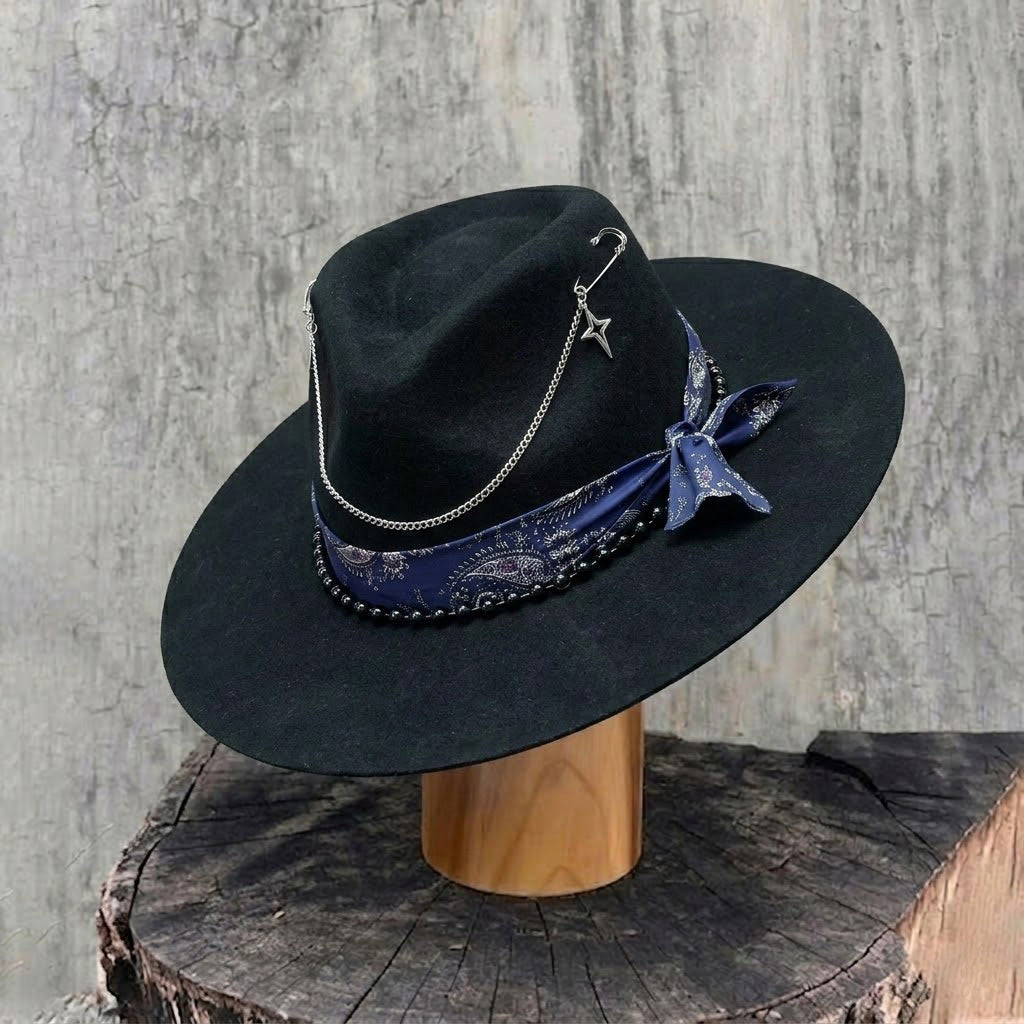 Edgy Black Hat: Beaded Band, Metal Chains, Pins
