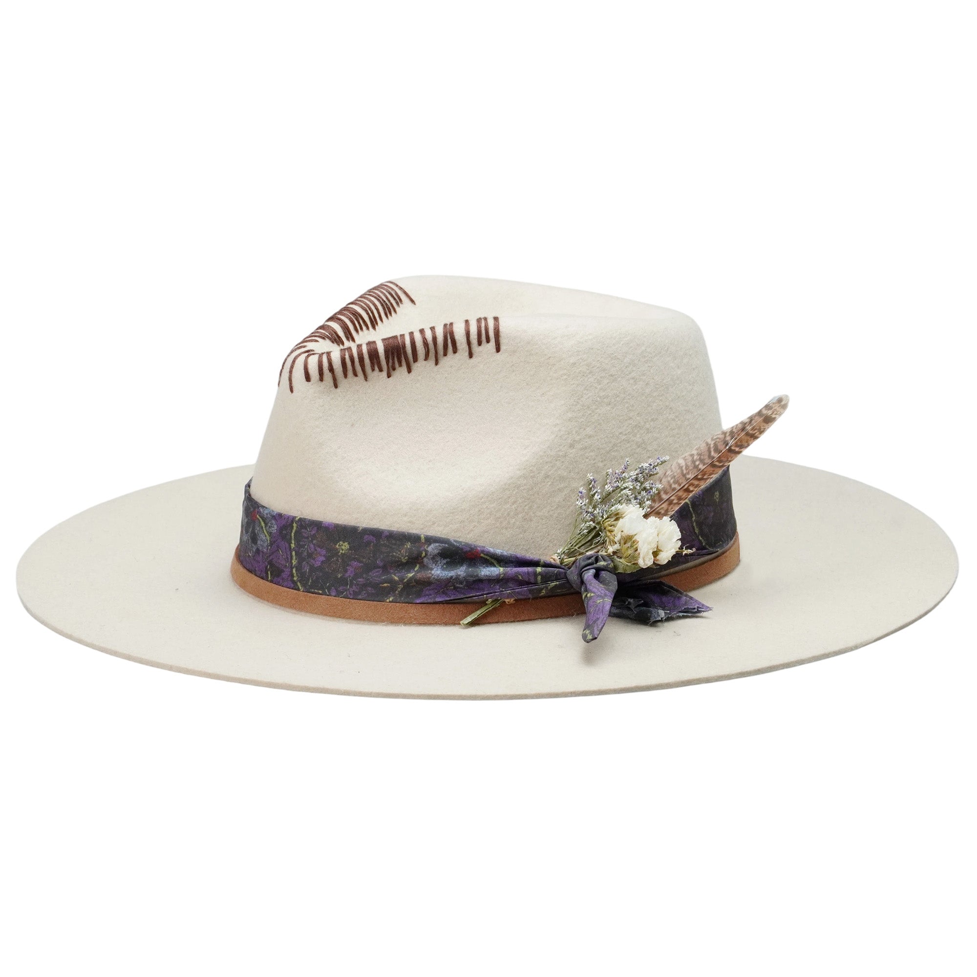 Teardrop Fedora - Off-White with Feather & Brown Cord Detail