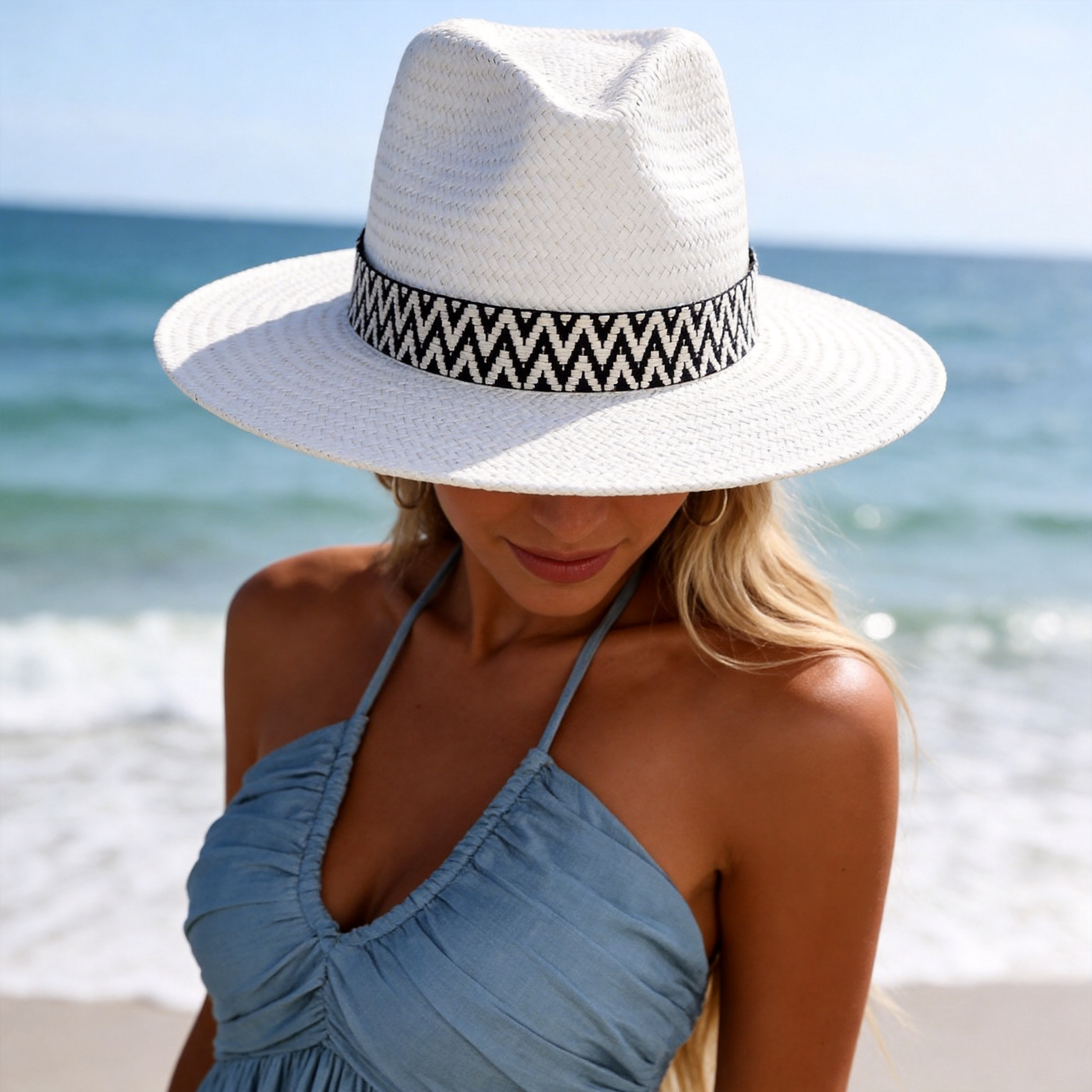 White Straw Hat – Graphic Woven Trim