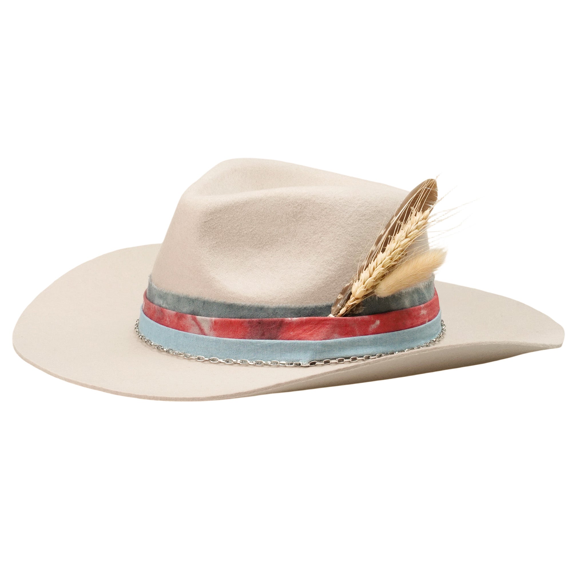 Teardrop Fedora - Off-White with Custom Fabric & Feather Accent