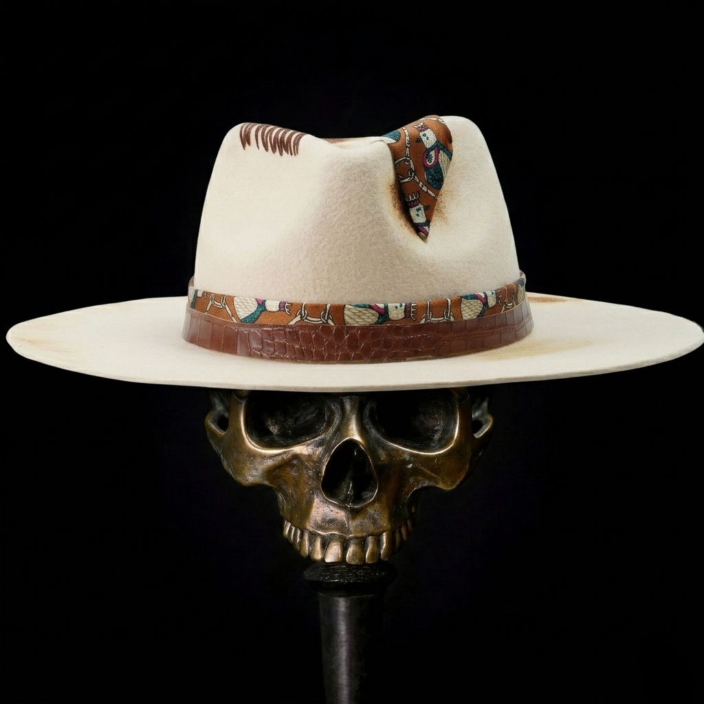 Hand-Burned Artistic Felt Hat – Light Base, Rebellious Detailing