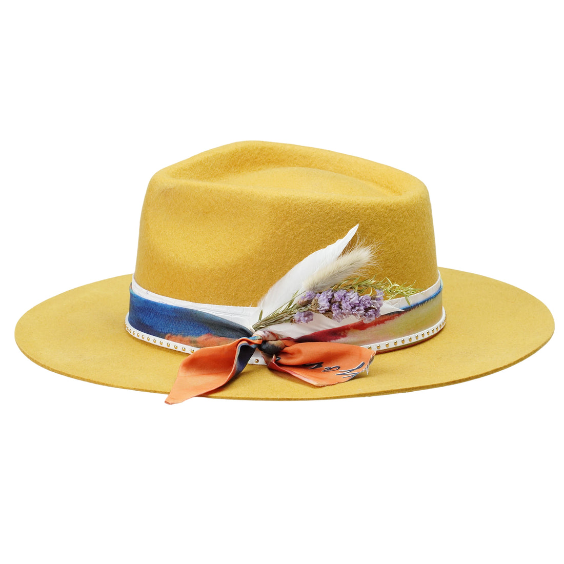 Yellow Felt Hat - Custom Art Fabric with Floral Detail