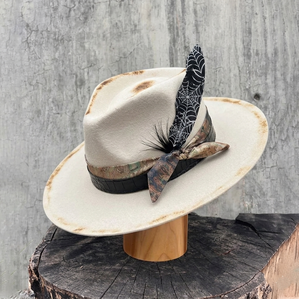 Edgy Felt Hat: Ornate Fabric, Leather, Delicate Feathers