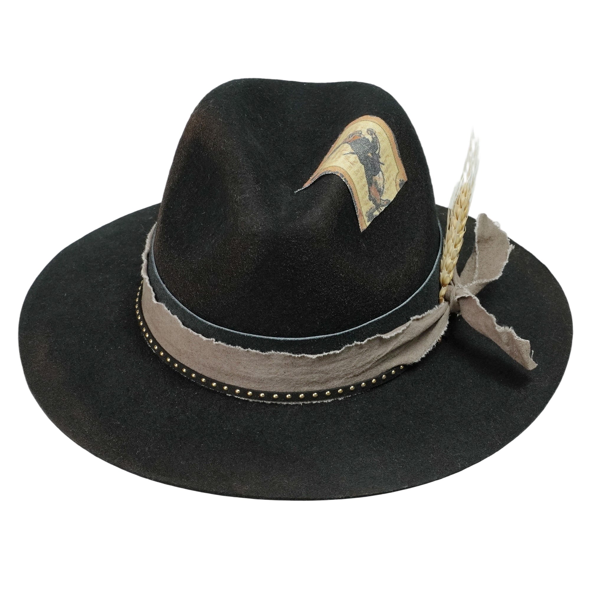 Black Felt Hat – Leather & Fabric Band, Vintage Appliqué