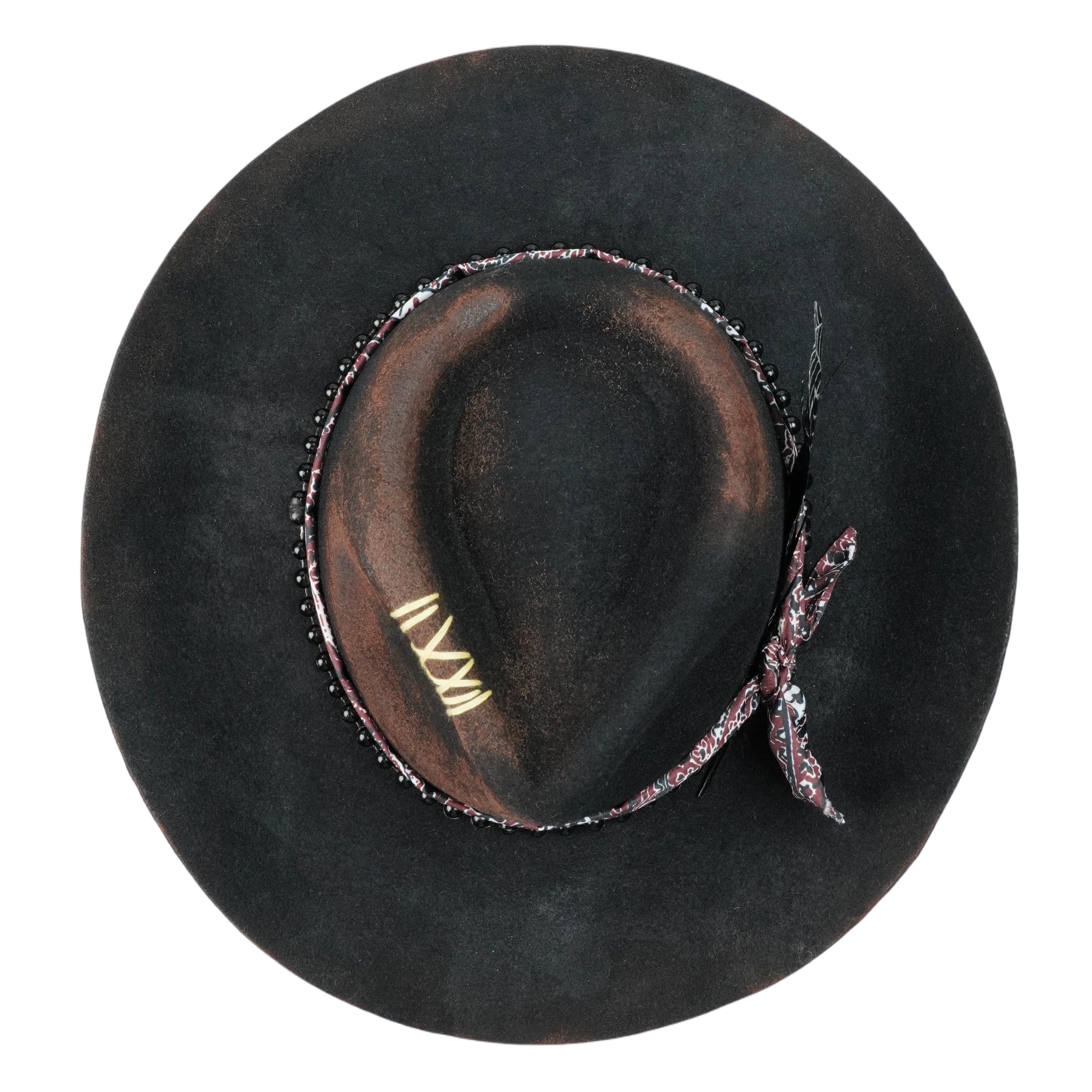 Hand-Burned Refined Felt Hat – Dark Tone, Delicate Beadwork