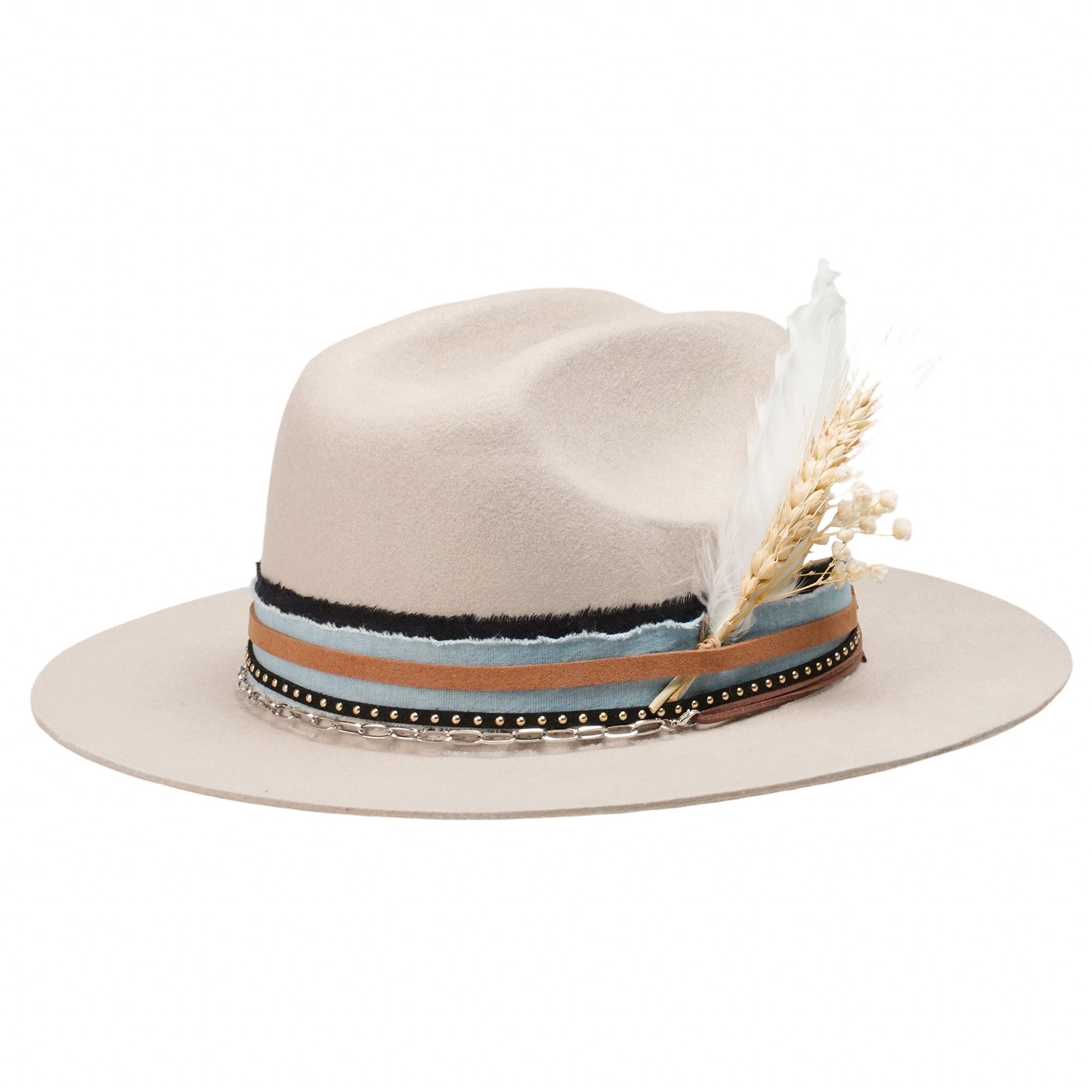 Oatmeal Felt Hat - Silver Chain & Floral Accent Detail