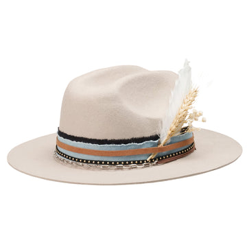 Oatmeal Felt Hat - Silver Chain & Floral Accent Detail