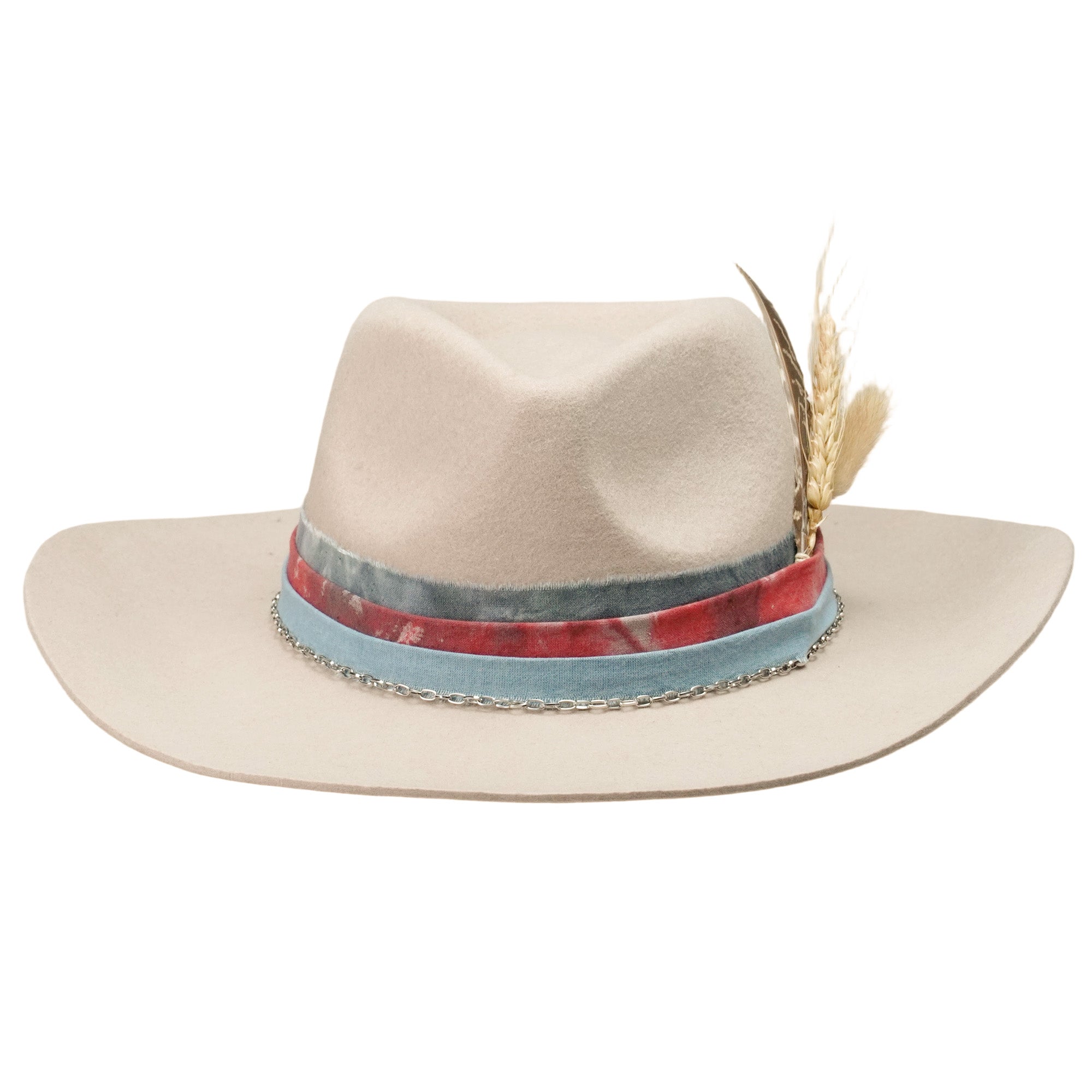Teardrop Fedora - Off-White with Custom Fabric & Feather Accent