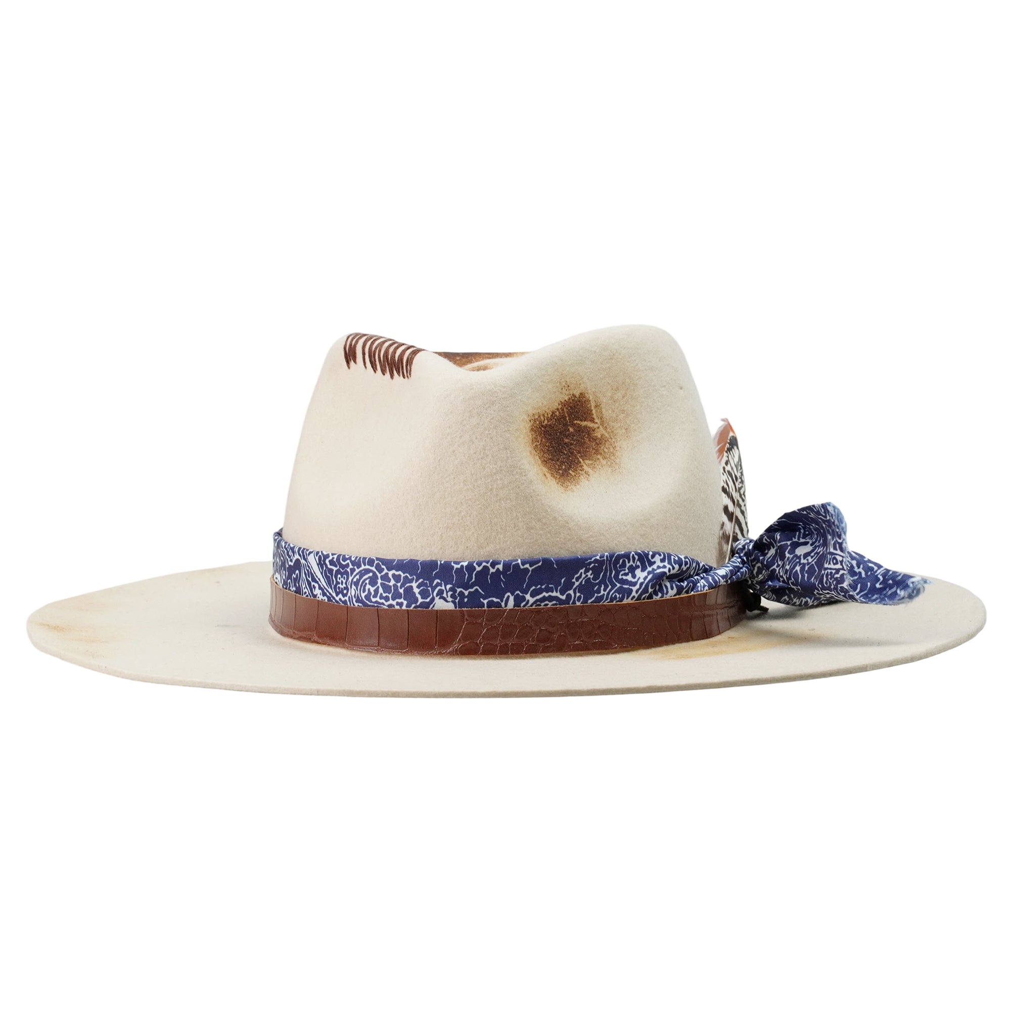 Hand-Burned Artistic Felt Hat – Light Tone, Organic Embellishment