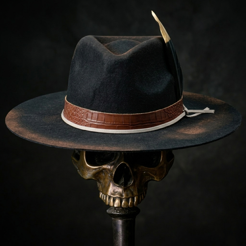 Hand-Burned Statement Felt Hat – Distressed Edge, Leather and Feather