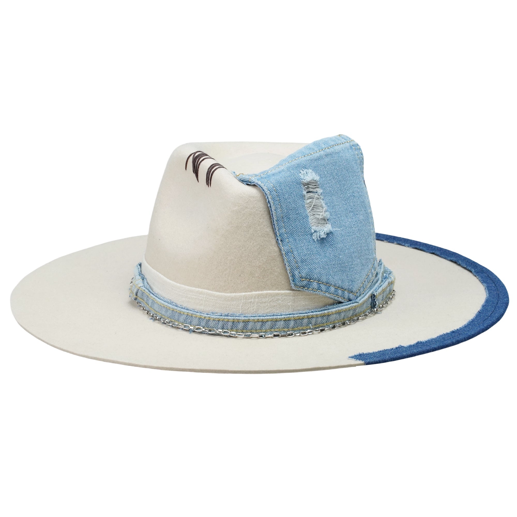 Cream Felt Fedora with Denim & Silver Chain