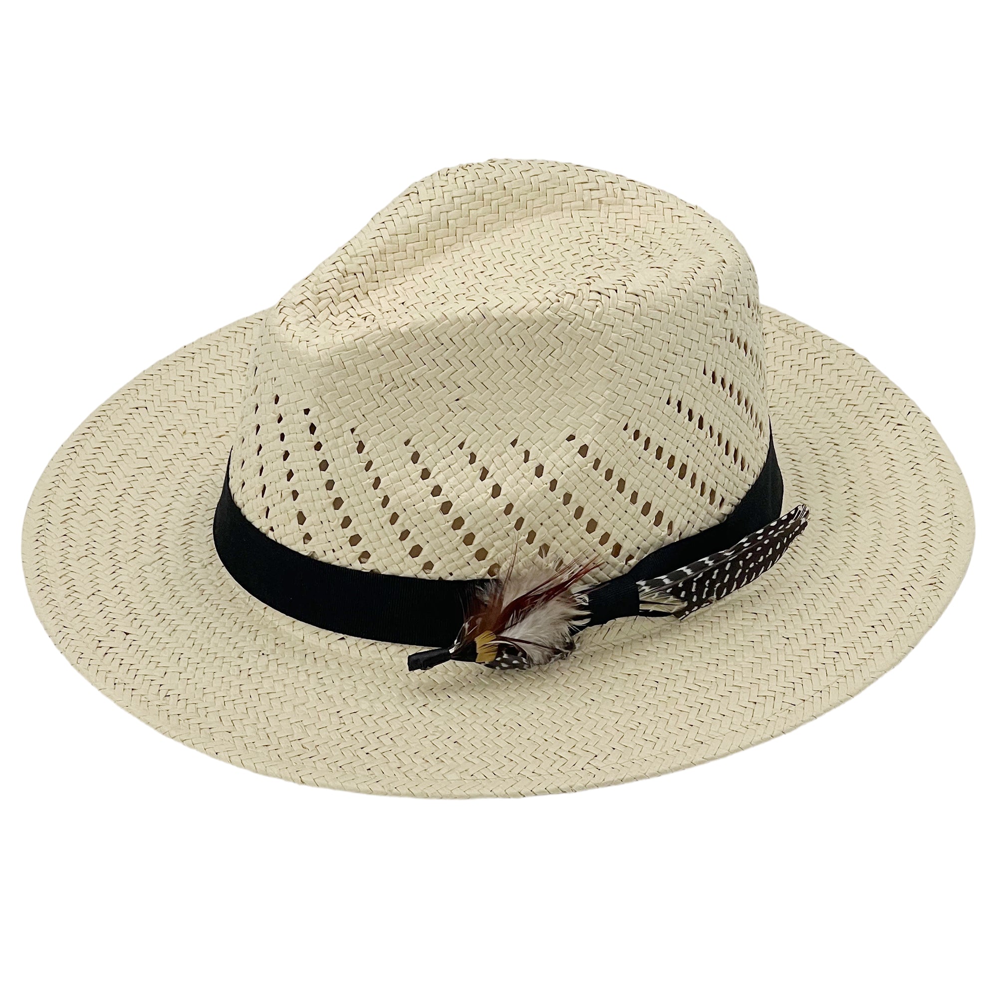Soft Beige Straw Hat – Feather Accent Band