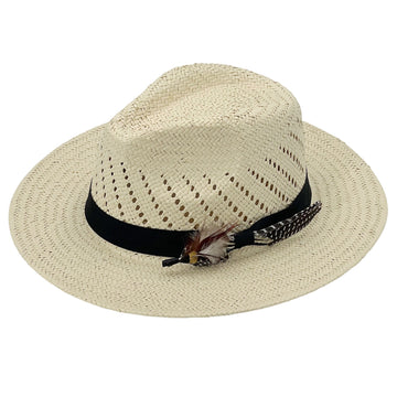 Soft Beige Straw Hat – Feather Accent Band