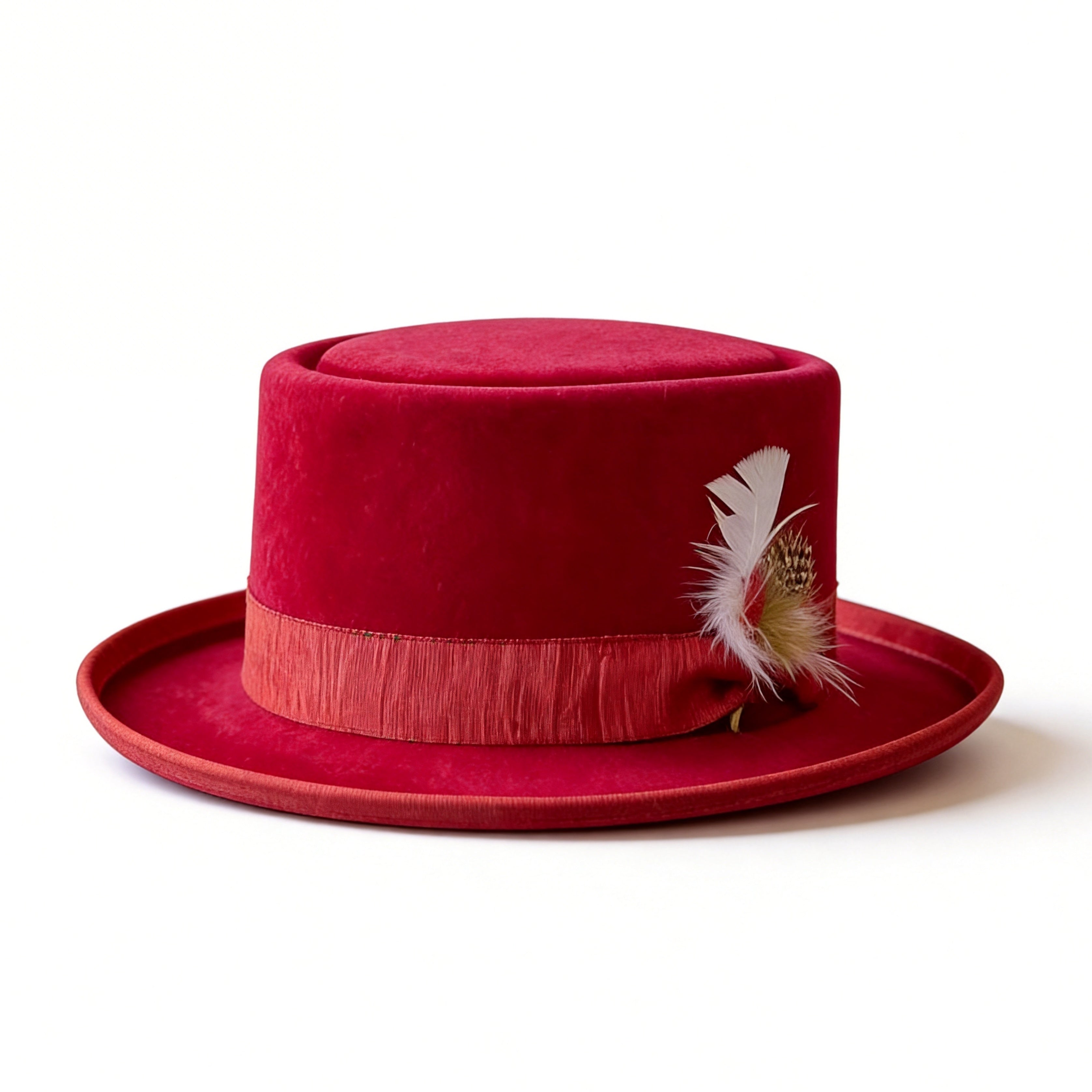 Bold Red Round-Crown Top Hat– Feather Detail