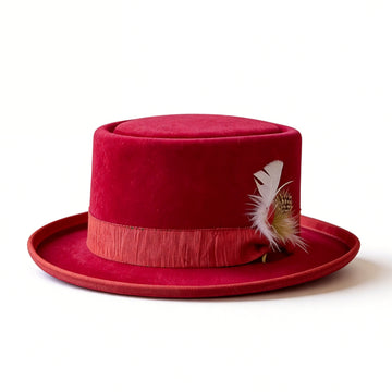 Bold Red Round-Crown Top Hat– Feather Detail