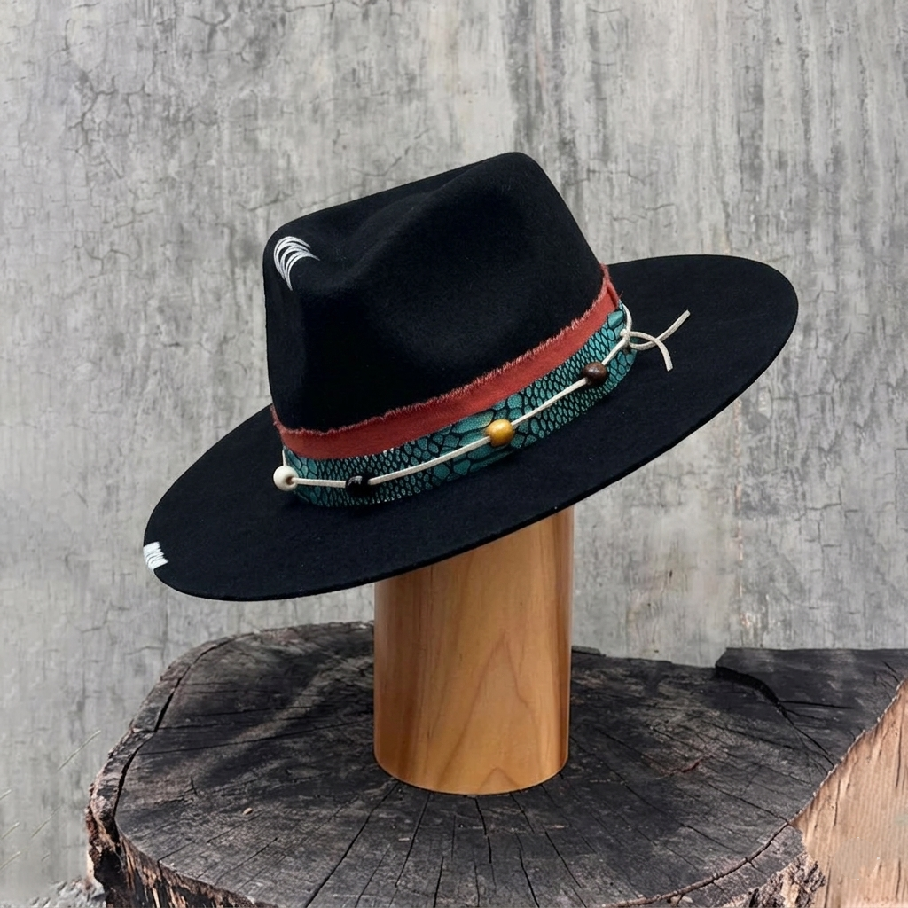 Versatile Felt Hat – Bold Black Style with Decorative Beads and Print