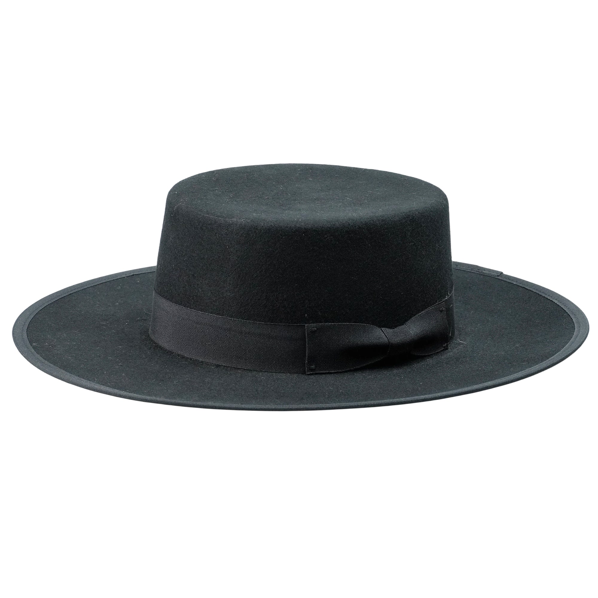 Black Round Flat Top Felt Hat with Bow