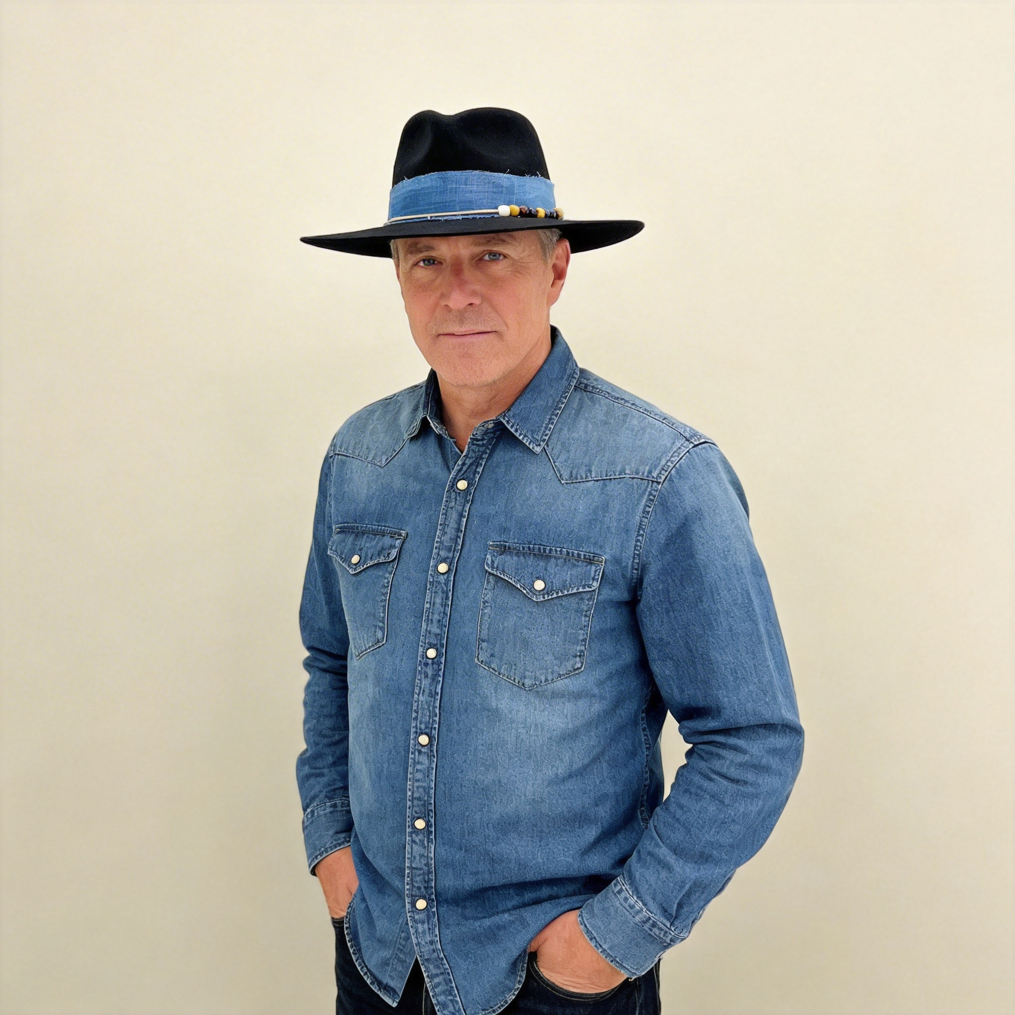 Premium Felt Hat – Blue Fabric & Beads