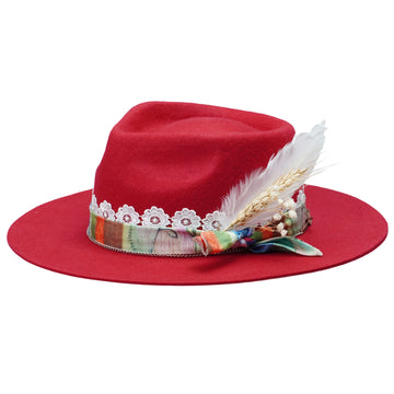 Red Straight Brim Felt Hat with Lace & Floral Band