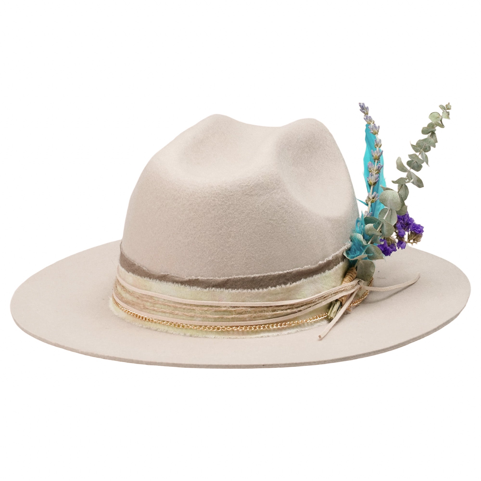 Oatmeal Felt Hat with Gold Chain & Feather Bouquet