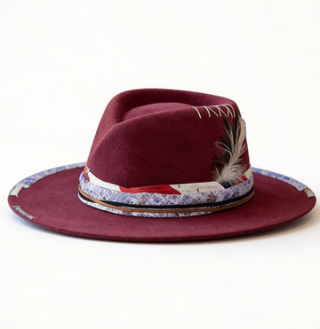 Artisan Burgundy Hat – Fabric & Feather