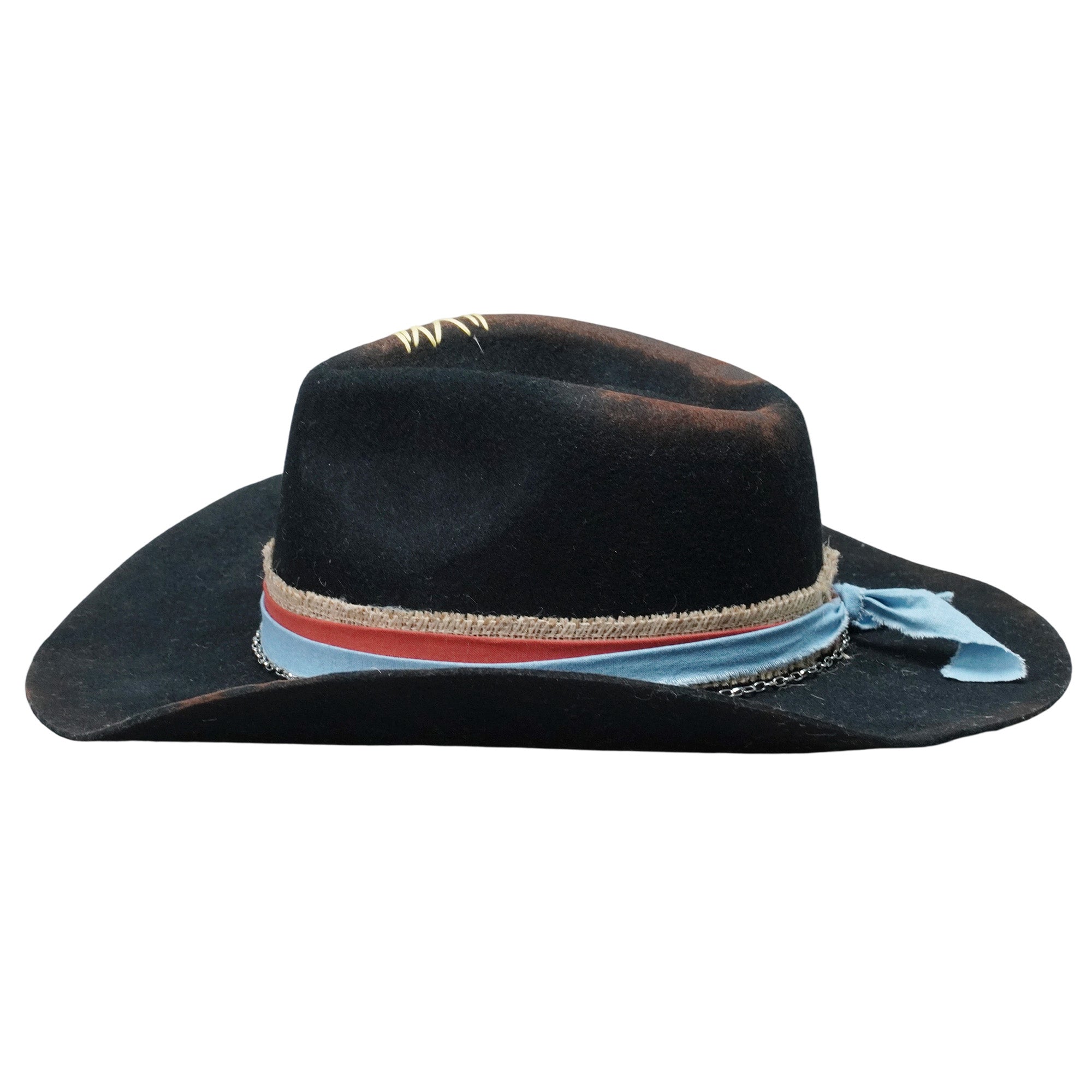 Black Rolled Brim Felt Hat with Silver Chain Band