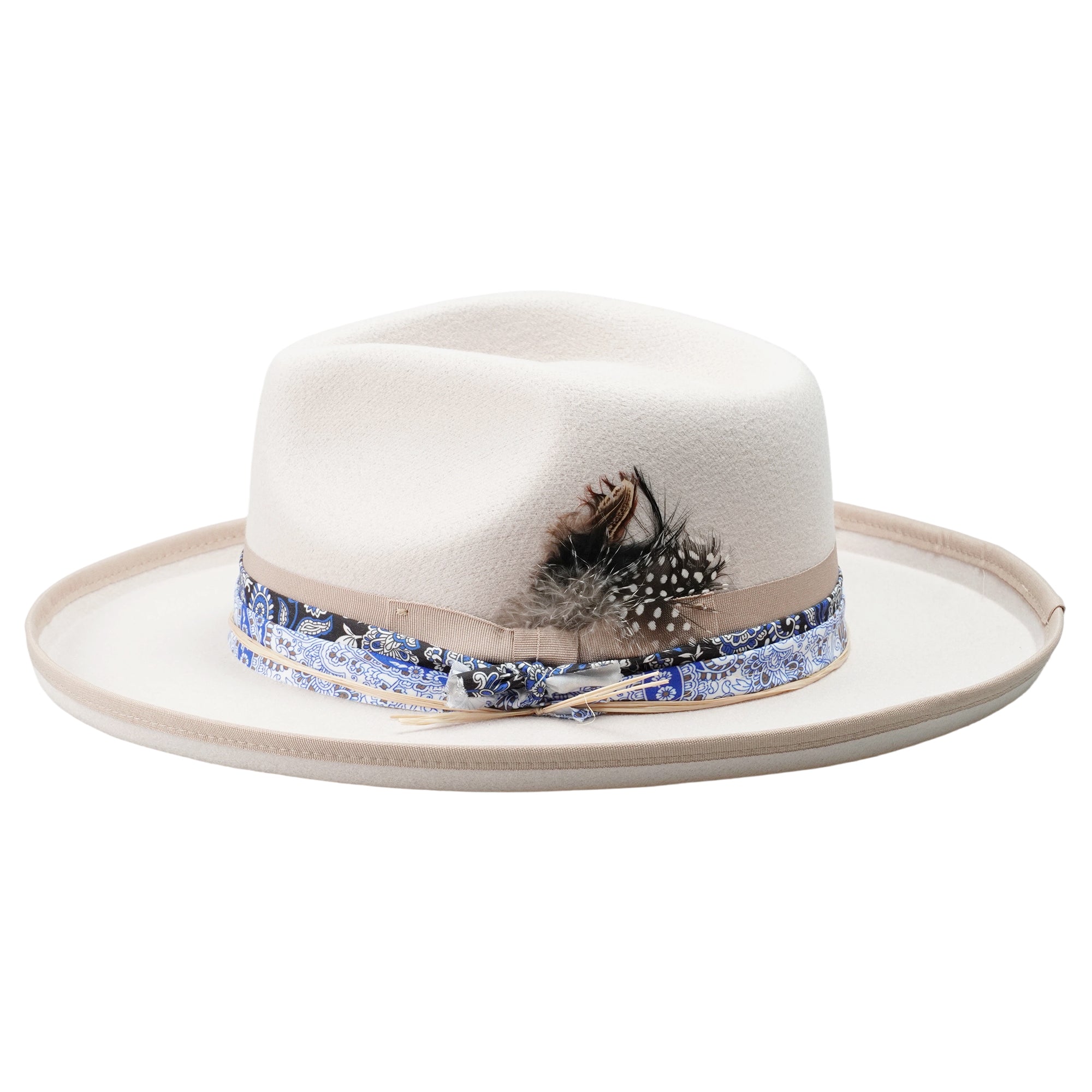 White Felt Fedora with Patterned Band & Feather