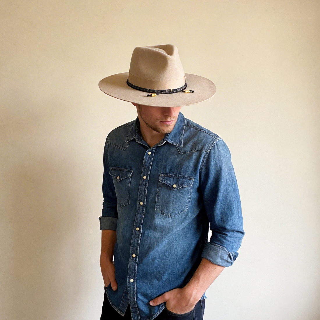 Beige Flat-Brim Hat – Custom Band & Metal Bead