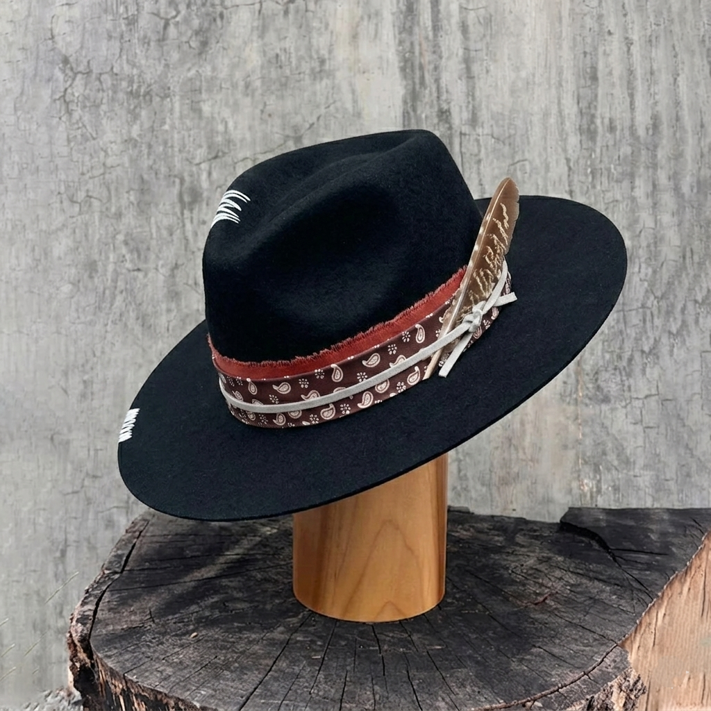Modern Flat-Brim Hat – Sleek Black, Custom Fabric Band with Feathers